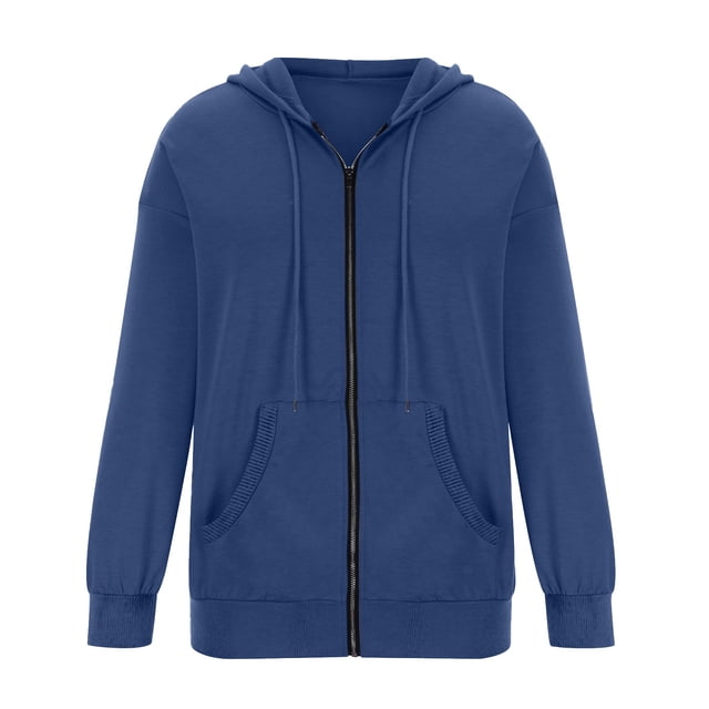 Pocket Long Sleeve Hooded Threaded Sweater Ladies Zipper Top