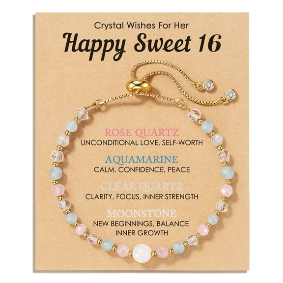 Natural Crystal Bracelet with Meaning Card, 13th 16th Birthday Gift for Daughter, Rose Quartz Moonstone Aquamarine Healing Jewelry