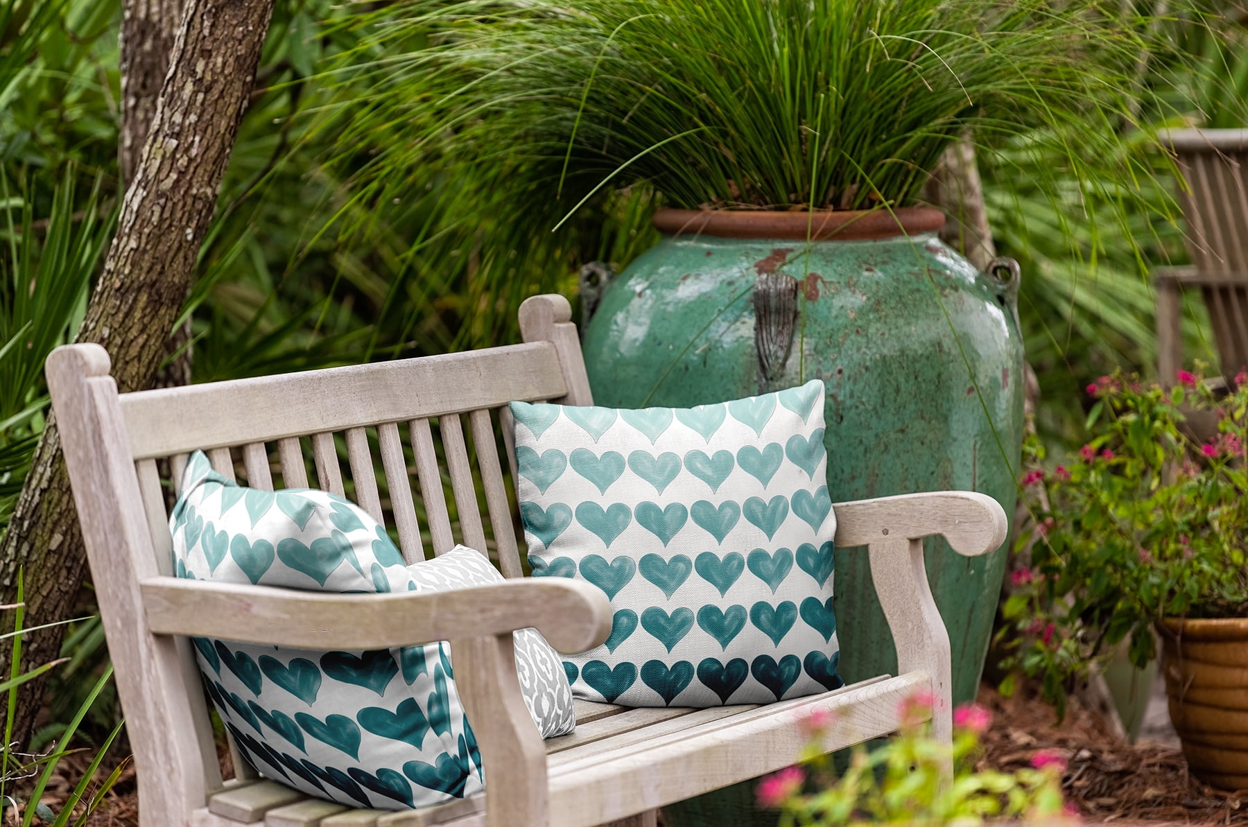 18"x18" Simply Daisy Valentines Colored Hearts Poly Indoor/Outdoor Pillow, Teal Qty 1