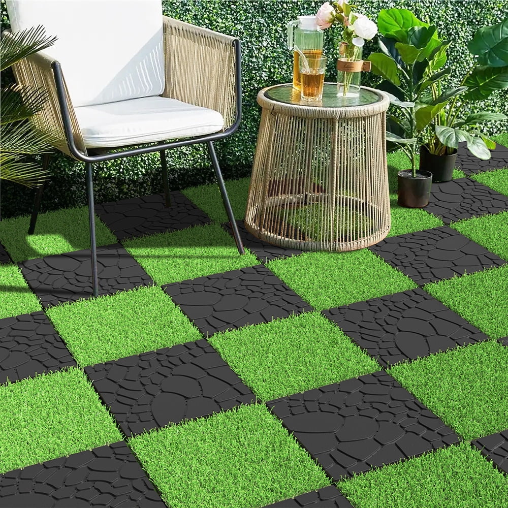 12" Stone Texture Dark Gray Interlocking Patio Deck Tiles 44pcs PP Material DIY Floor Tiles for Porch Poolside Balcony Backyard Indoor & Outdoor Use