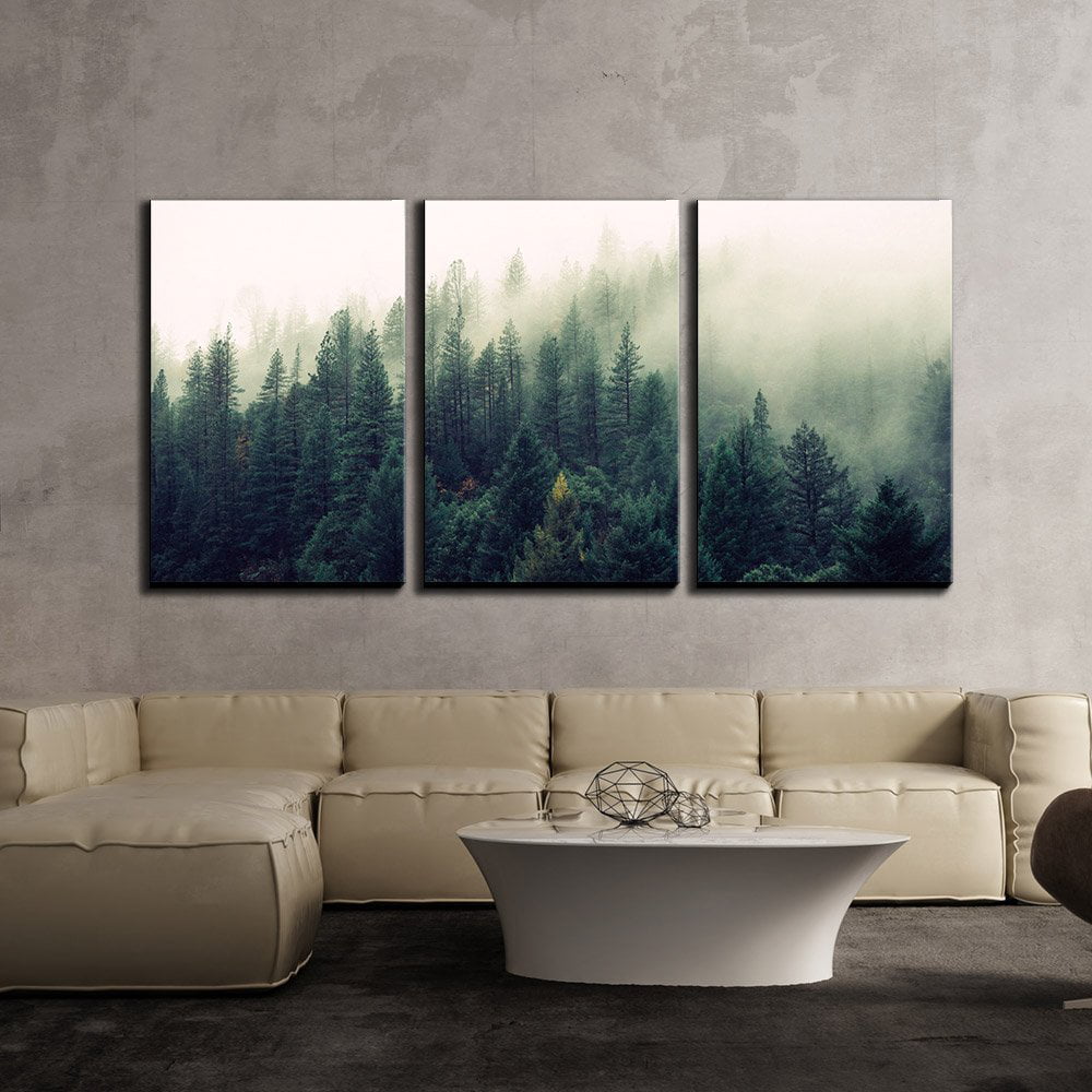 Misty Forests of Evergreen Coniferous Trees in an Ethereal Landscape Modern Home Decor Stretched and Framed Ready to Hang 12x16x3 Panels wall decor 3 Piece Canvas Wall Art for Living Room