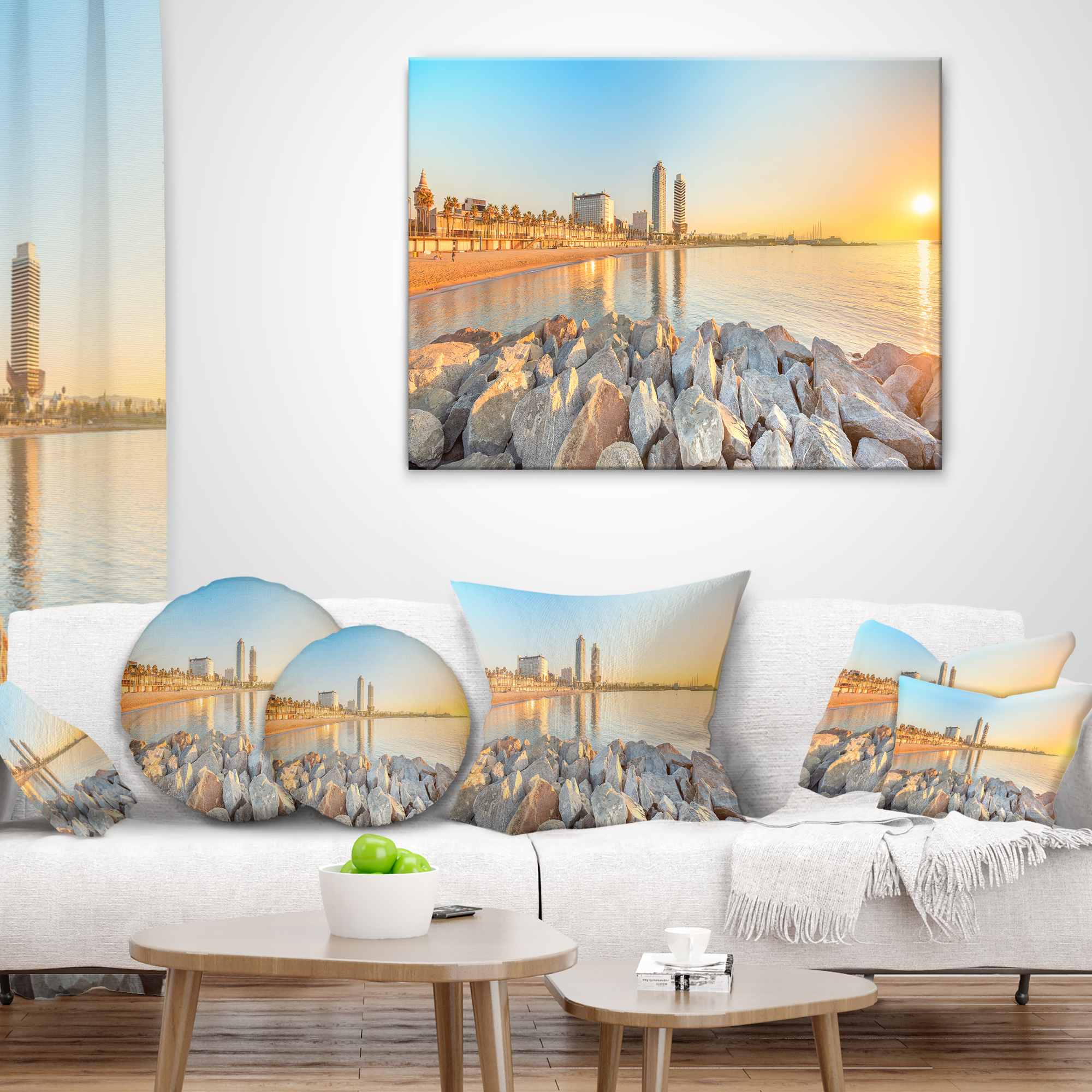 Designart Barceloneta Beach in Barcelona - Seashore Photo Throw Pillow - 12x20