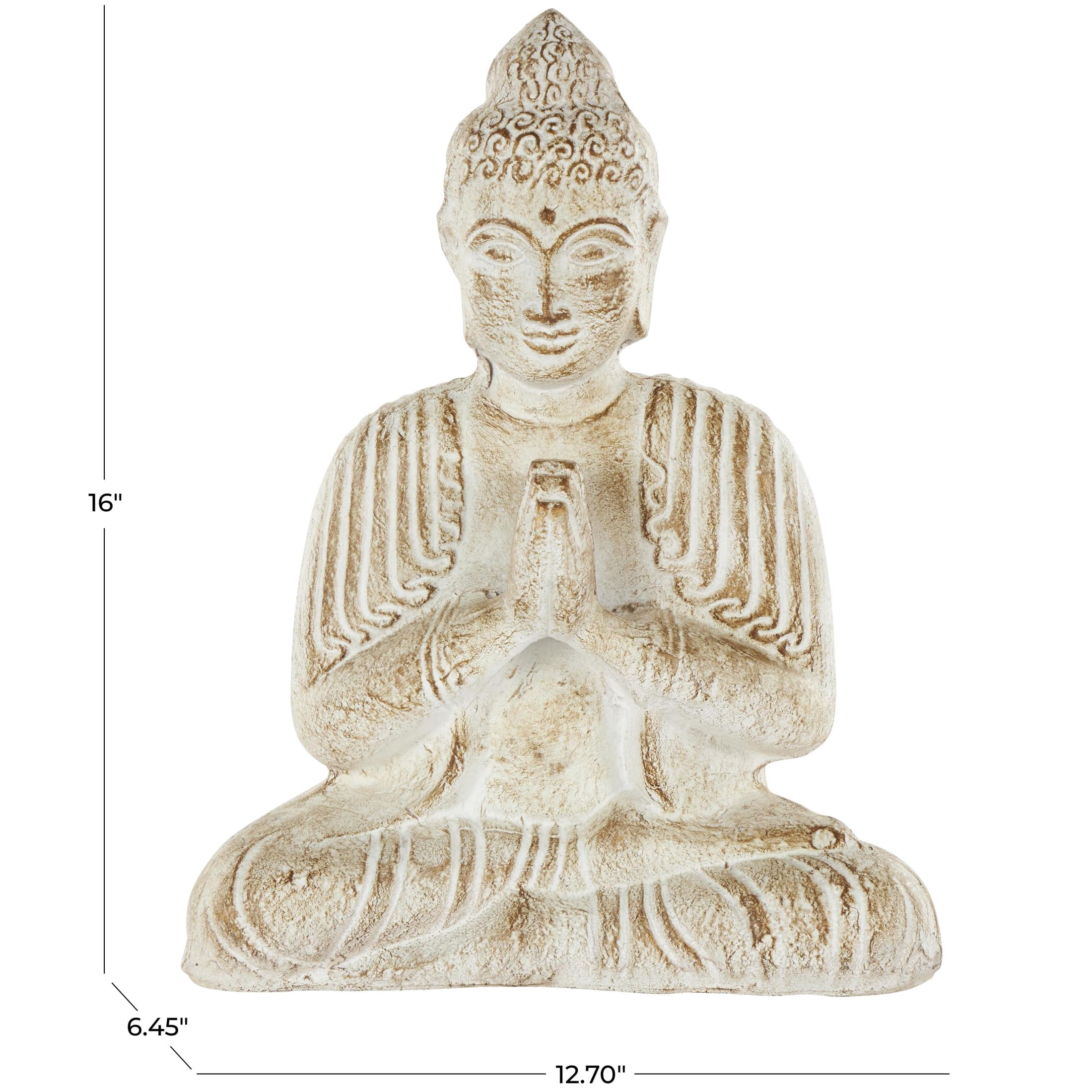 13" x 16" Cream Paper Mache Handmade Carved Buddha Sculpture with Brown Distressing, by DecMode