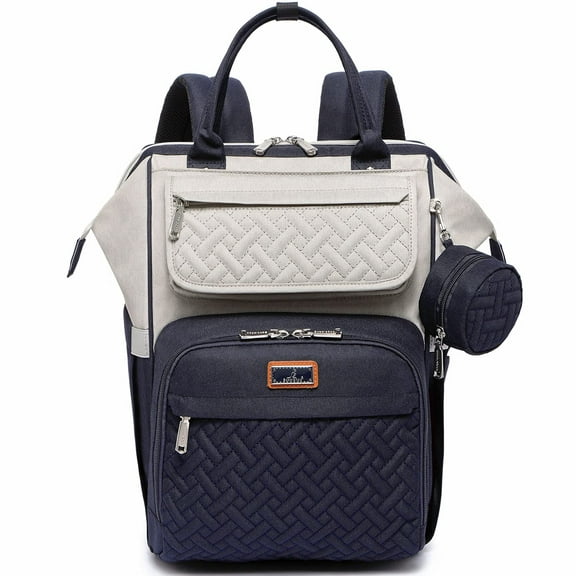 BabbleRoo Wide Top Diaper Bag Backpack- Stone Gray & Blue
