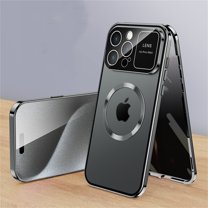Dteck Case for iPhone 15,Luxury Metal Case Built-in Anti Peep Tempered Glass Privacy Screen Protector Full Body Protective Compatible Mag Safe Cover,Gray