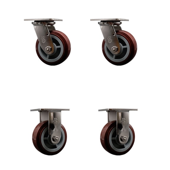 5 Inch 316SS Polyurethane Caster Set with Roller Bearings 2 Swivel 2 Rigid SCC