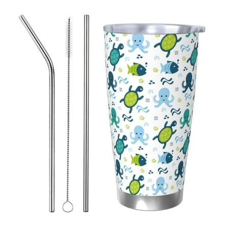 

Gaeub Cartoon Sea Creatures Print 20-Ounce Stainless Steel Car Cup Tumblers Cups with Lids and Straw Coffee Cups for Adults Kids Home Car Office School Travel Party-Straw Three-piece Set