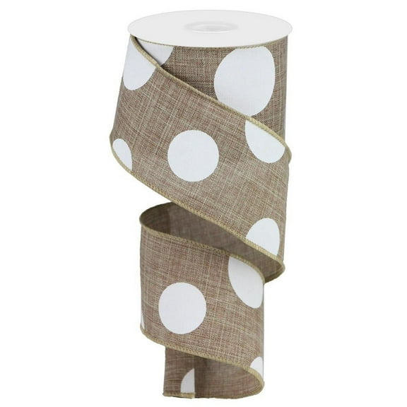 2.5"X10yd Large White Multi Dots on Natural Wired Edge RibbonTR58640-01