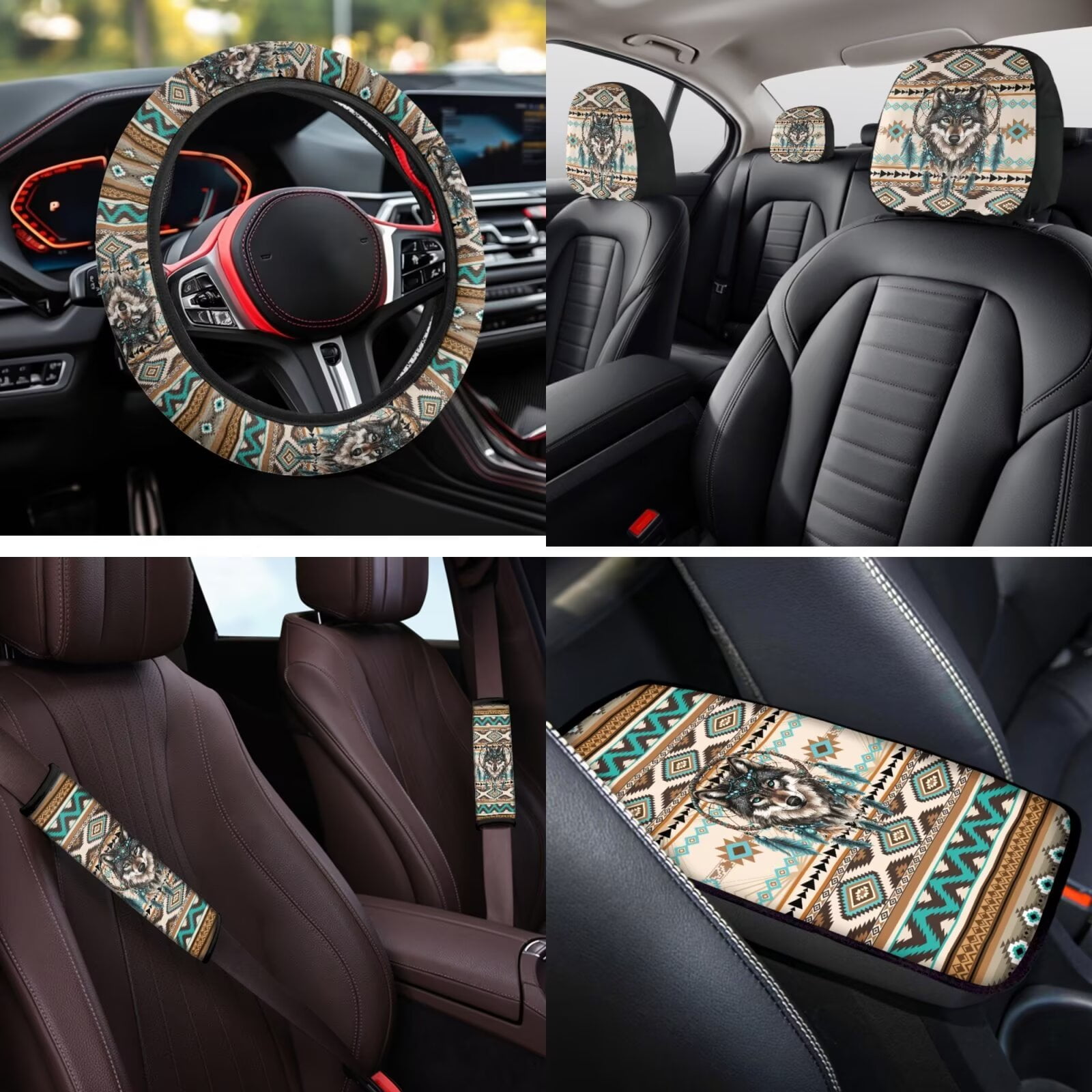 HUIACONG Aztec Car Seat Covers Full Set Dreamcatcher Wolf Car Accessories 14 Pcs - Front and Back Seat Covers with Seatbelt Covers Armrest Cover Steering Wheel Cover Headrest Cover Coaster Keychain