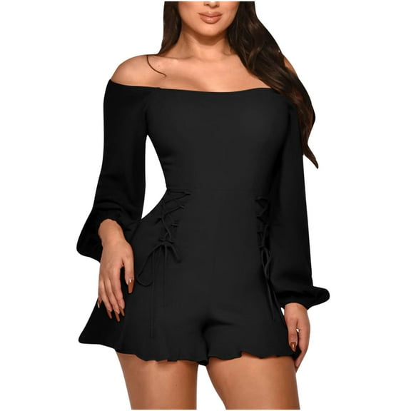 Women's Elegant Long Sleeve Jumpsuit Women's Fashion Casual Solid Long Sleeve One Shoulder Lace-up Hem Ruffle Jumpsuit