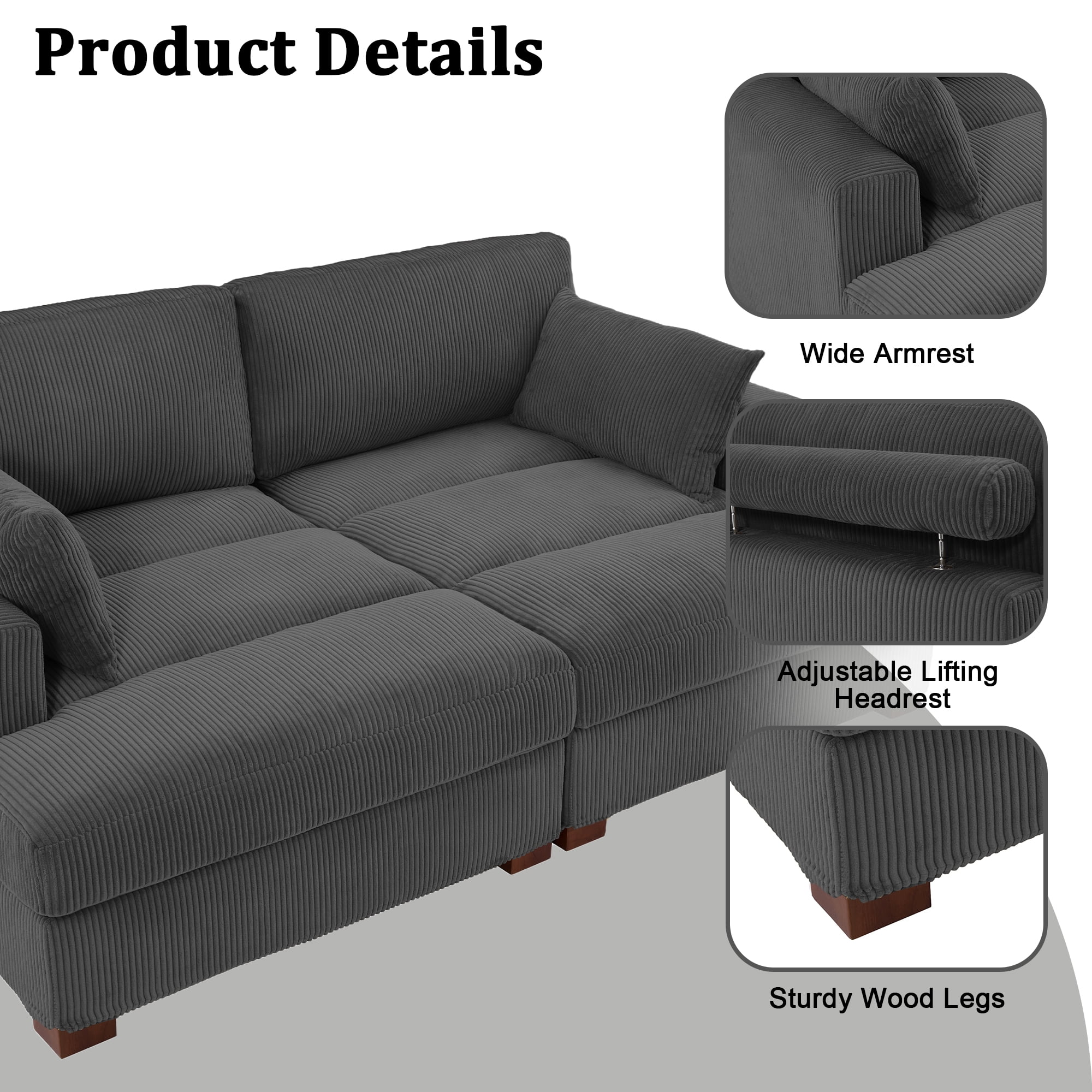 UIXE Chaise Lounge Indoor Upholstered Corduroy Sofa with Armrest for Living Room Bedroom, Gray