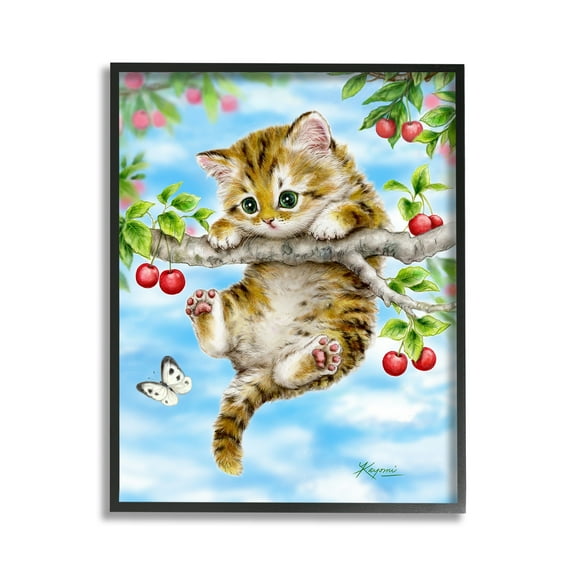 Stupell Industries Kitten Chasing Butterfly Animals & Insects Painting Black Framed Art Print Wall Art, 11 x 14