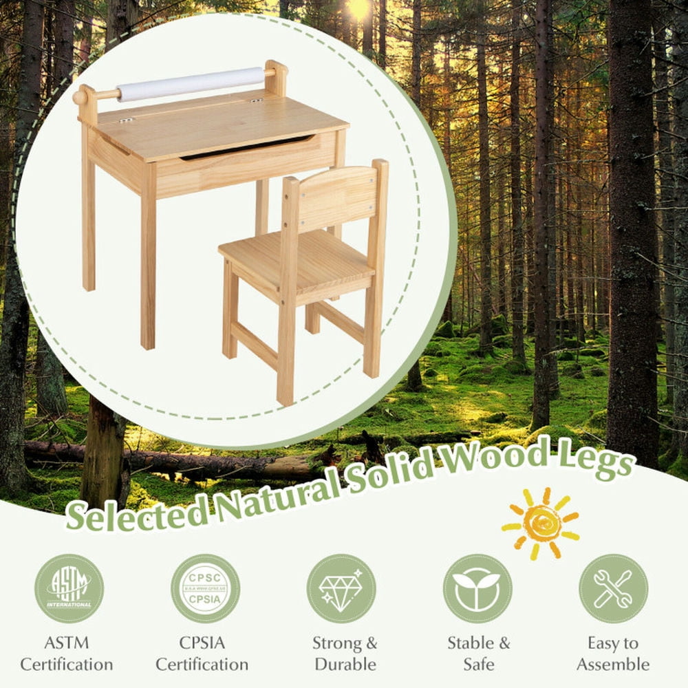 Kadyn Children Kids Table Chair Set,Children Playroom Table Chair Set,Toddler Multifunctional Activity Table and Chair Set with Paper Roll Holder-Natural
