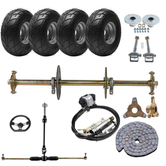 32" Go Kart Axle Kit, 810mm Rear Axle Kit with 16x8-7 Road Wheels Tires, Front Steering System, Brake Assembly, 420 Chain, DIY Live Axle Kit for Go Cart, ATVs, Quads, Drift Trikes Mini Bike