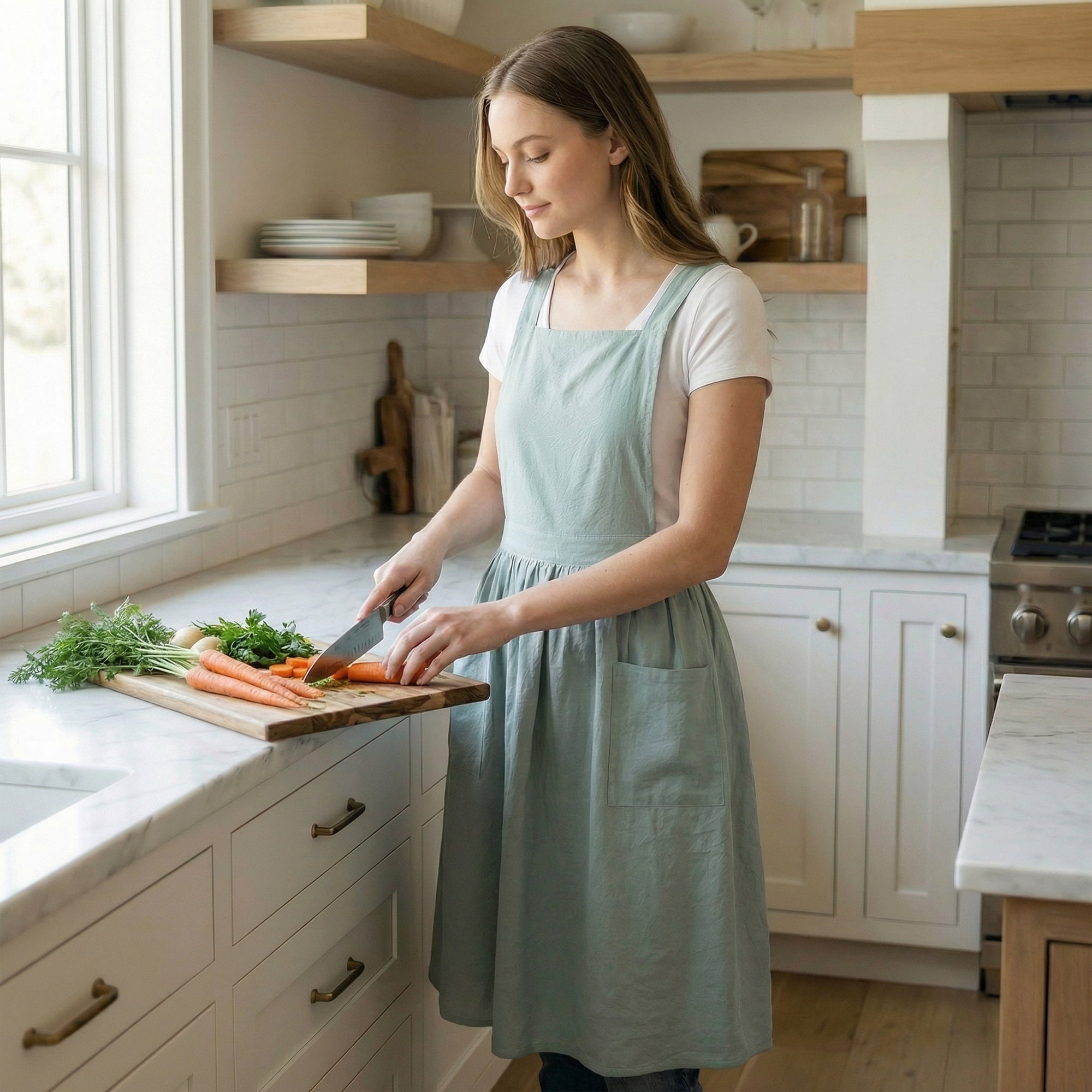 Unique Bargains Women's Kitchen Apron Long Waist Cooking Apron 37.4x50.4in Light Green