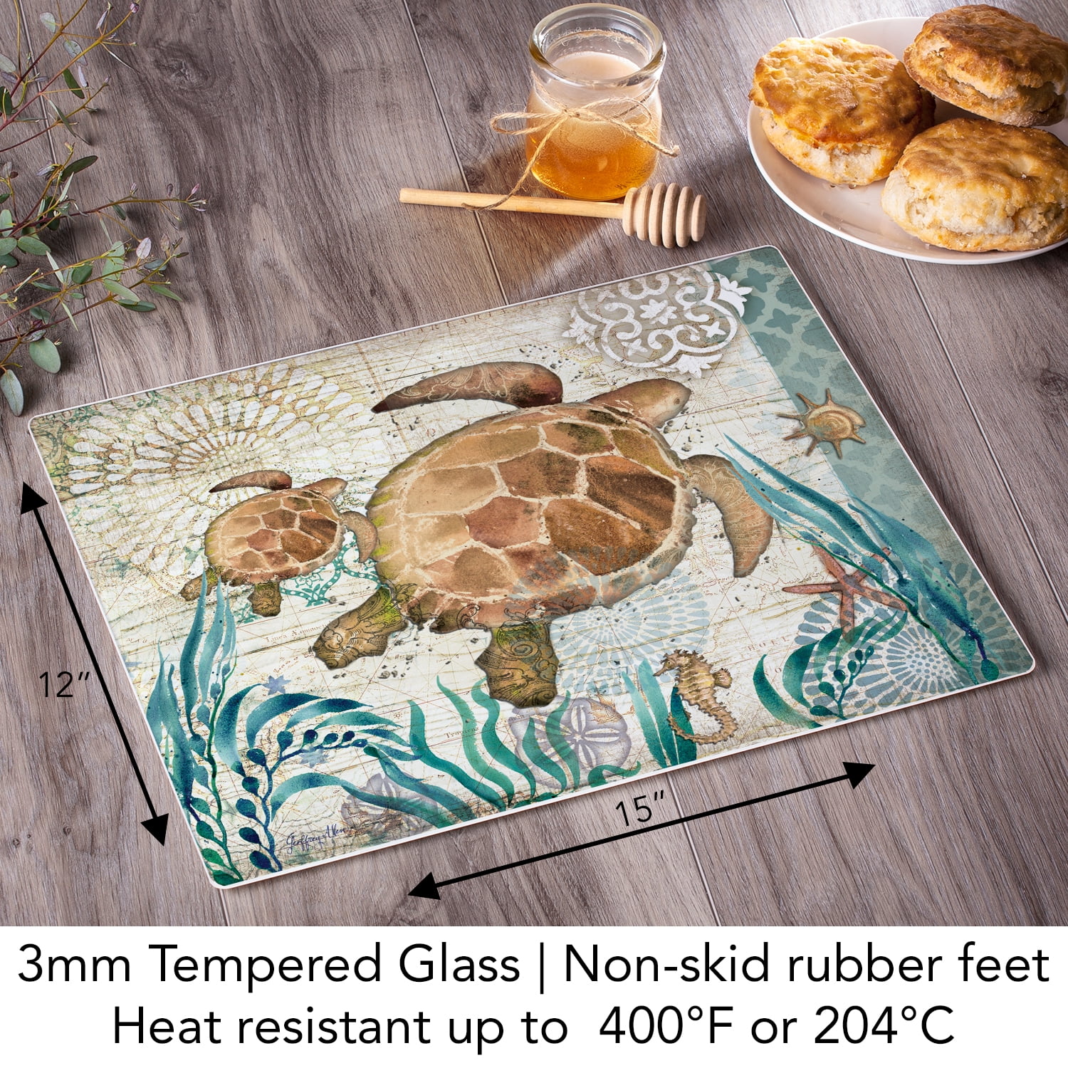 CounterArt "Bay Turtle" 3mm Heat Tolerant Glass Cutting Board 15" by 12"