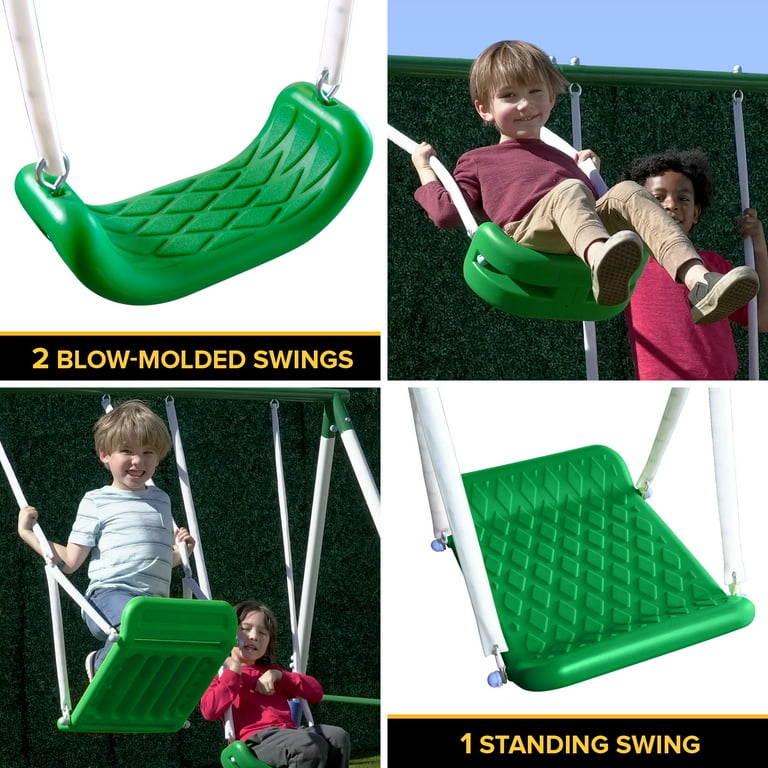 Sportspower Park Ridge Metal Swing Set 2 Swings Standing Swing 2 Person Roman Glider Swing Teeter Totter and 5 Wavy Slide Exceeds ASTM Safety