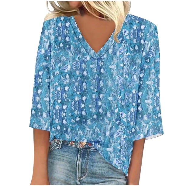 Fiudx Camisas para Mujer Blusa de Manga Larga de Verano con Cuello En V para Mujer, Sexy, Casual, con Estampado Regular