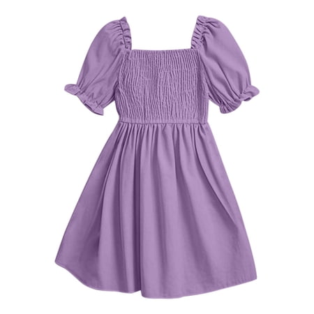Efsteb Summer Dress for Girls Square Neck Short Sleeve Cotton Dress Sundress Solid Color Casual Beach Dresses (Purple 12 Years)