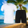 thumbnail image 2 of Camisetas de Playa para Hombre, Cuello Redondo de Manga Corta de Color Sólido con Cordón de Bolsillo Pantalones Cortos para Correr Conjuntos, 2 of 9