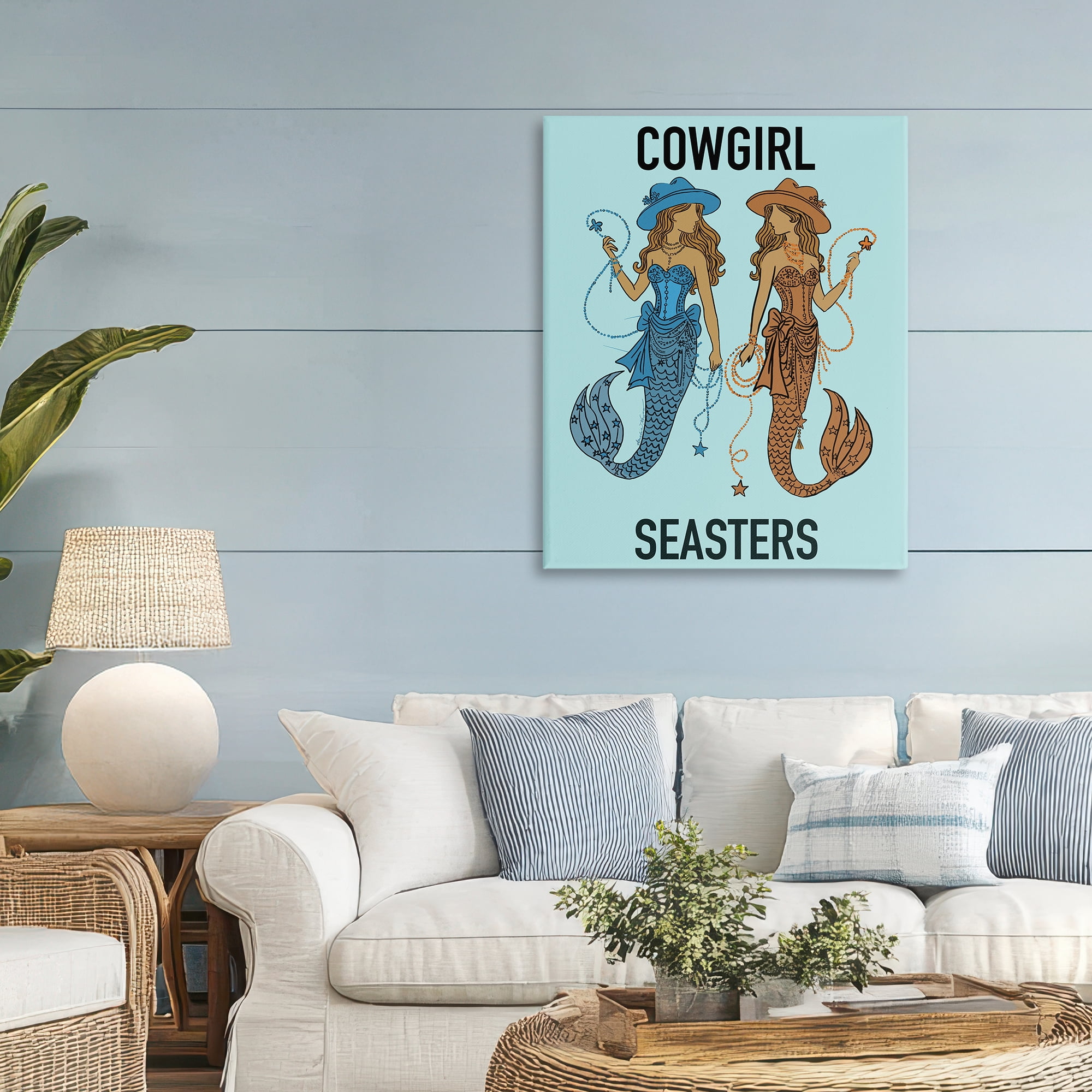 Cowgirl Seasters Mermaid Friendship Canvas Wall Art, design by Amelia Noyes