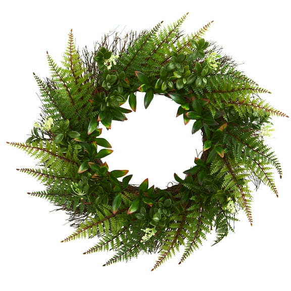 Nearly Natural 23" Assorted Fern UV Resistant Plastic Artificial Wreath (Green)