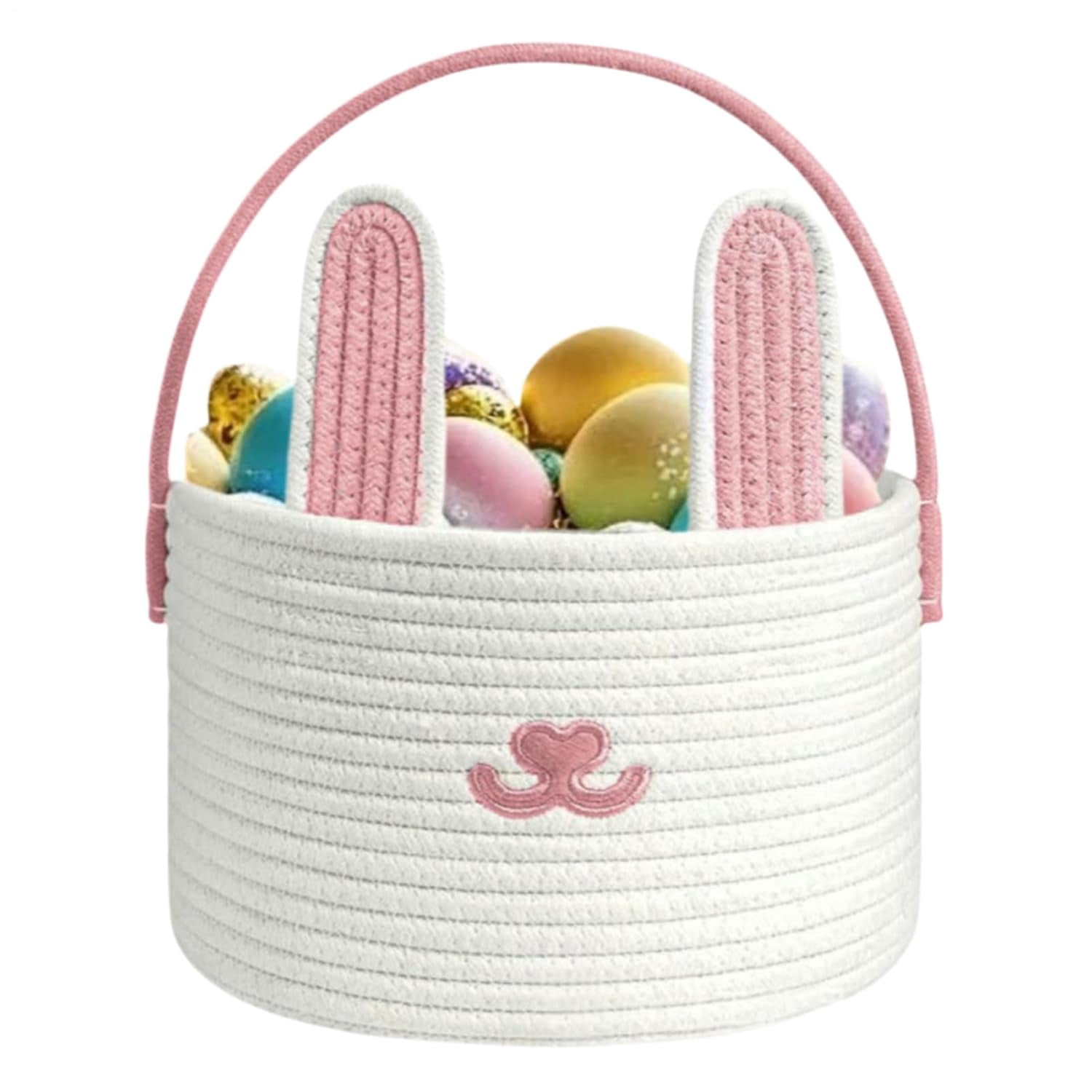 Easter Basket with Bunny Ears - Cotton Rope Easter Bunny Basket for Kids, Easter Egg Hunt Basket & Candy Holder for Boys & Girls, Party, Home & Classroom Decor（pink）