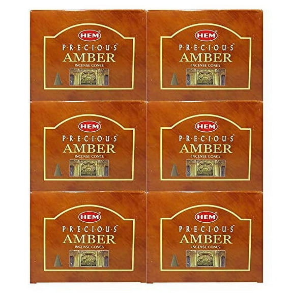 Hem Precious Amber Pack of 6 Incense Cones Boxes, 10 Cones Each