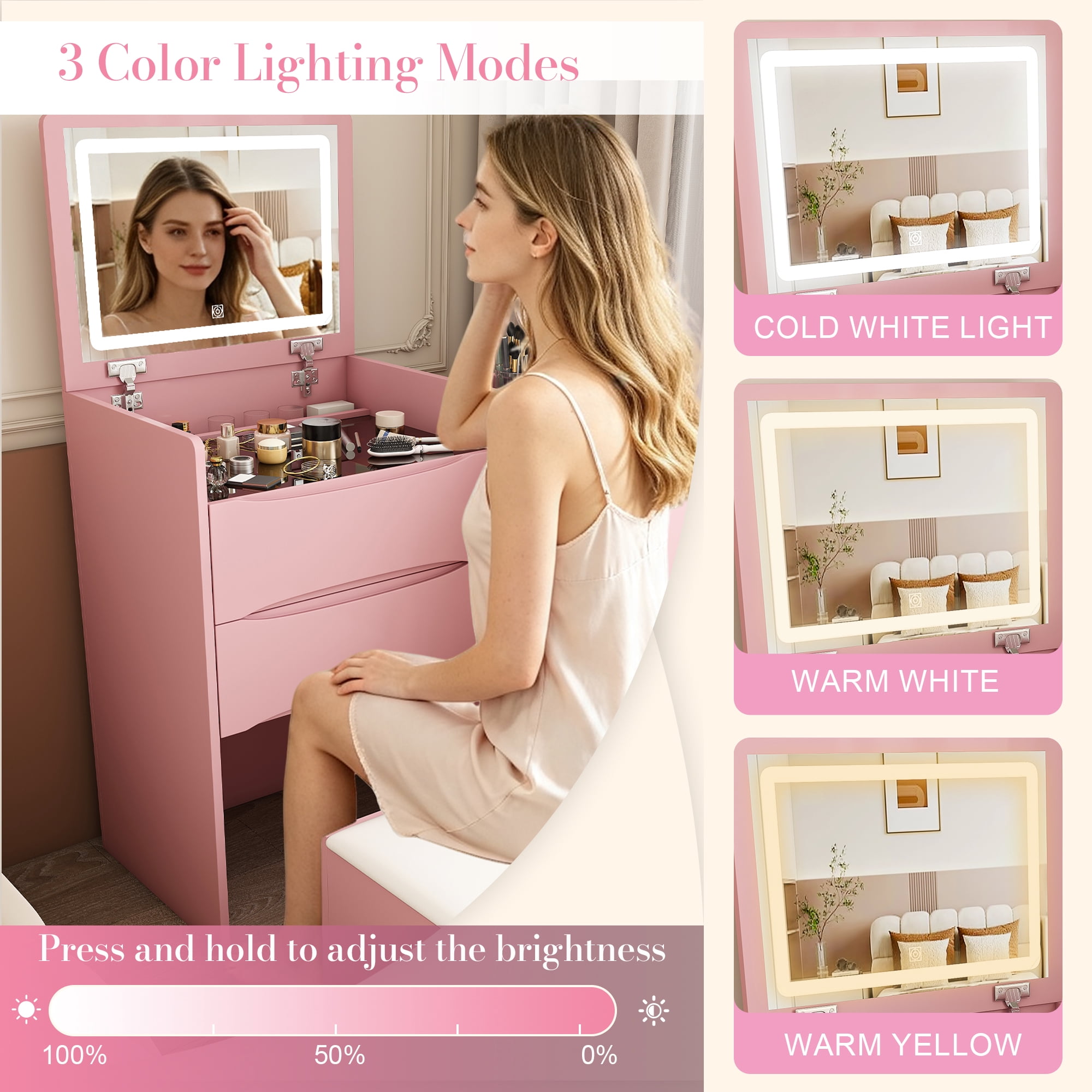 3-in-1 Flip Mirror Vanity Desk with Lights & Storage, Makeup Dressing Table with Adjustable LED, Side Sliding Tray and Stool, Space-Saving Furniture for Bedroom(Pink)