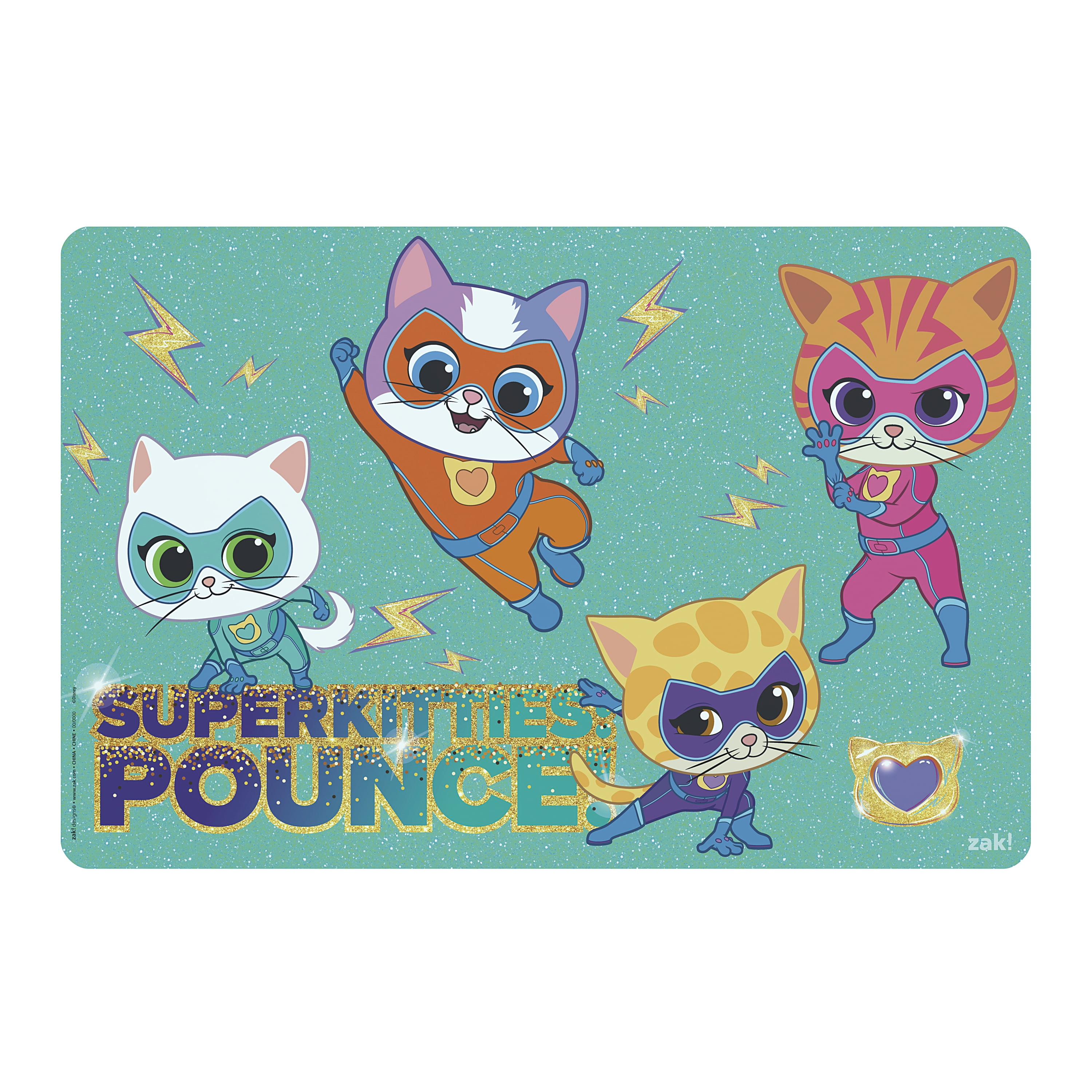 (4 pack) Zak Designs 11.8" x 17.6" Super Kitties Reusable Kids Plastic Placemat, Disney Junior Super Kitties