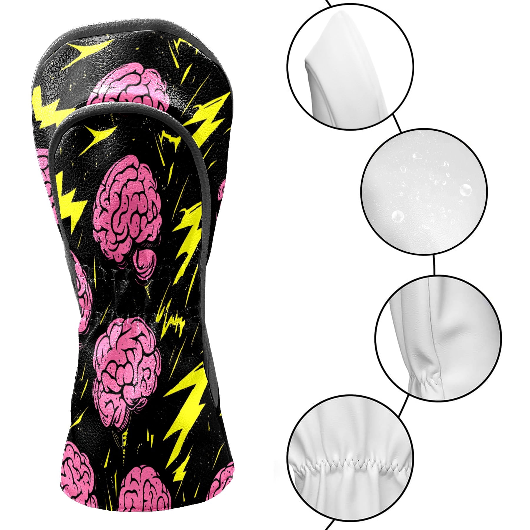Golf Club Covers PU Leather Waterproof Head Covers for Fairway Woods Hybrids Cartoon Brain Lightning