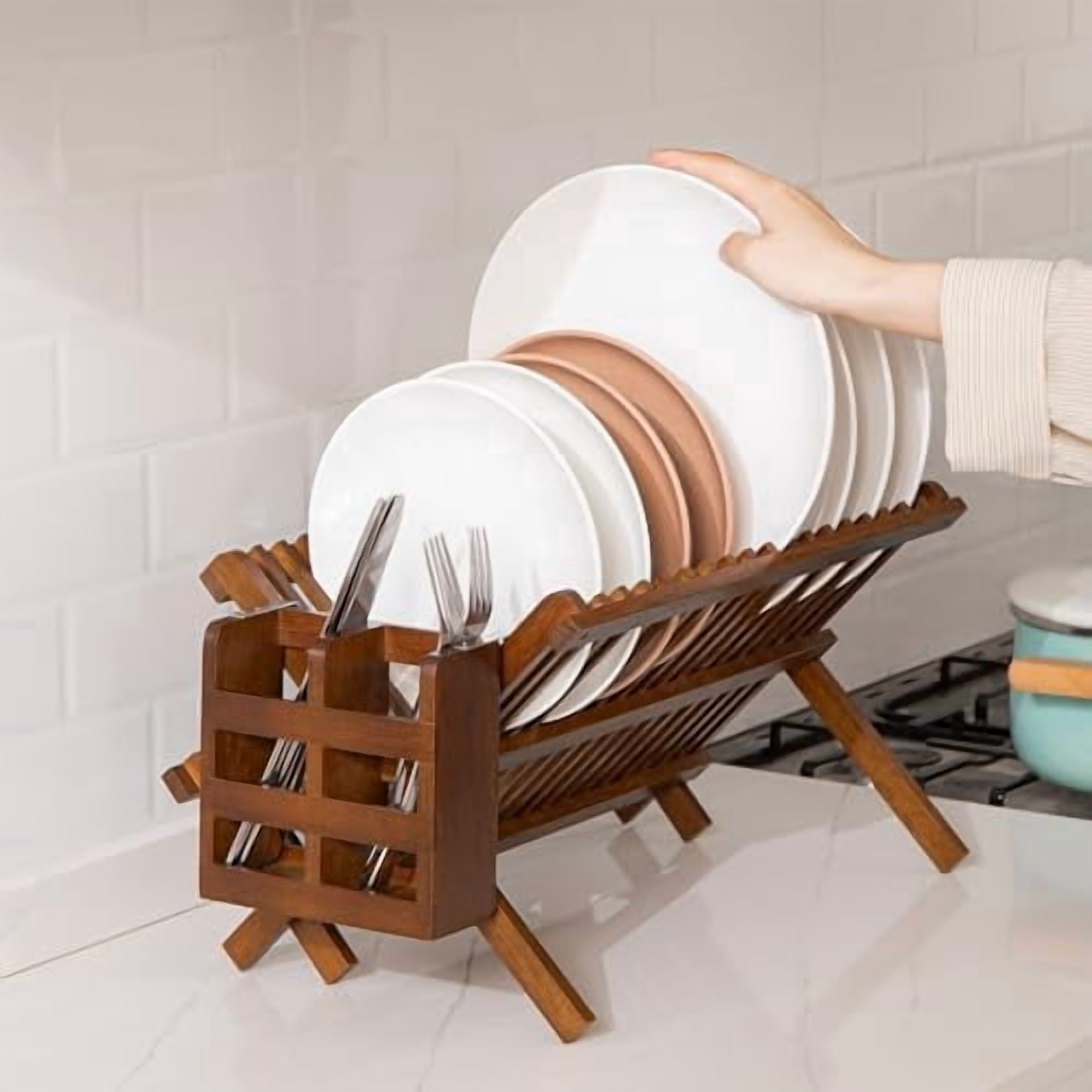 Dish Rack,Teak Folding 2-Tier Collapsible Drainer Dish Drying Rack with Utensils Flatware Holder Set