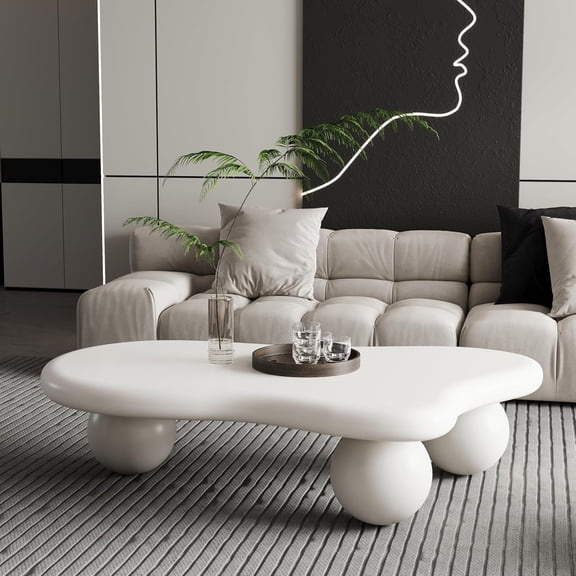 YWEN 47" Cloud Coffee Table for Living Room Irregular Coffee Table Modern Low Coffee Tables Cute Small Center Table with 3 Ball Legs for Small Space Apartment