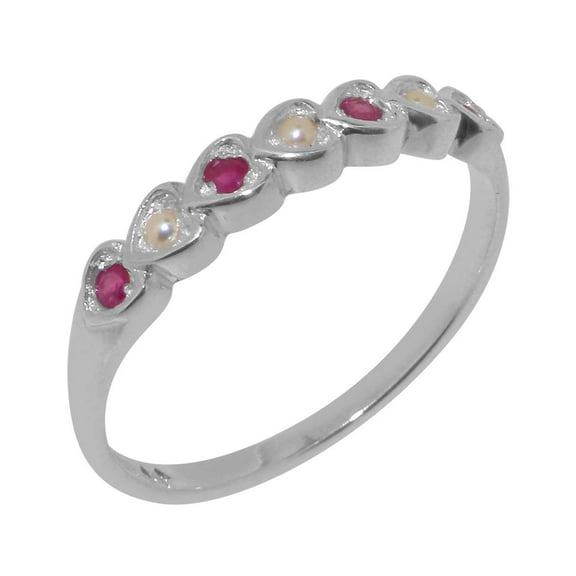 LBG British Made 925 Sterling Silver Cultured Pearl & Ruby Womens Eternity Ring - 33 size options - Size 10