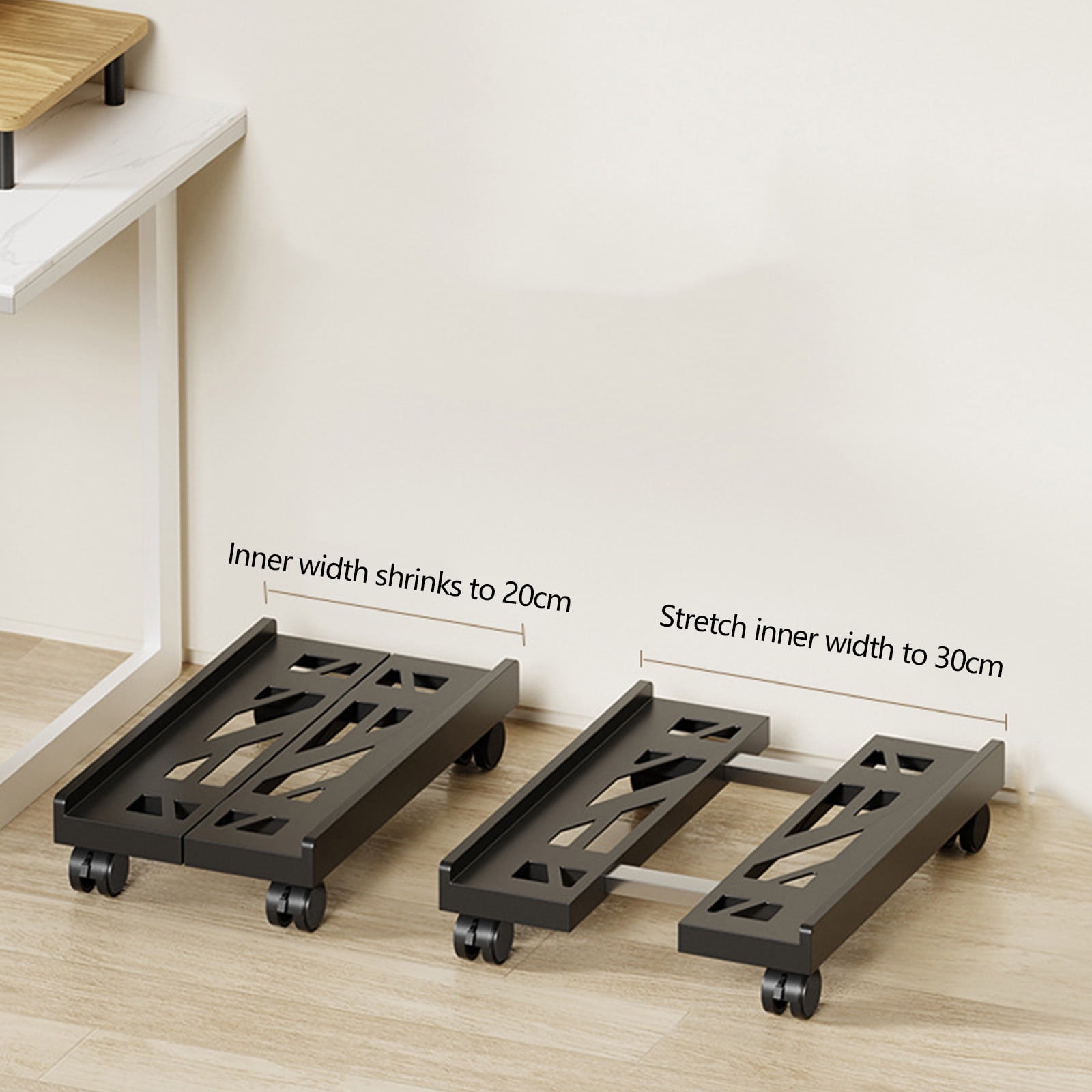 Adjustable Computer Tower Stand | Mobile Desktop PC Cart Rack | Ventilated Design | 4 Locking Caster Wheels | Fits 7-11.02 Inch Wide | Black White | Durable Plastic