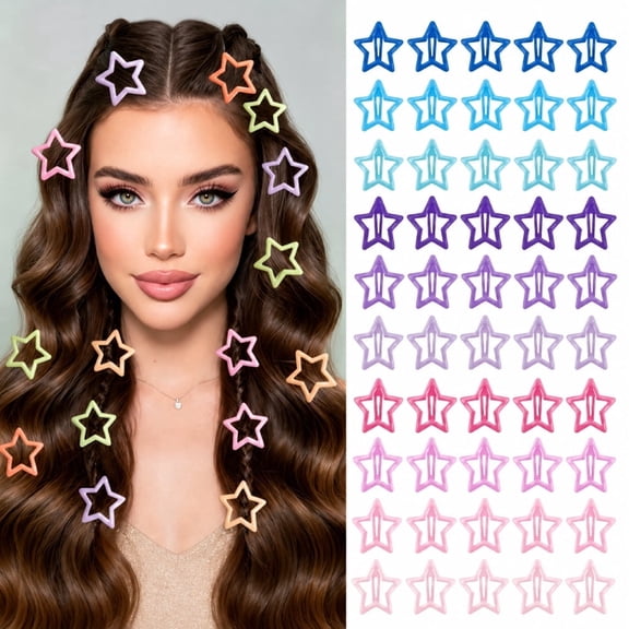 100 Pack Star Snap Barrettes, Multicolor Star Hair Clips for Women Daily & Party Hairstyle Decor