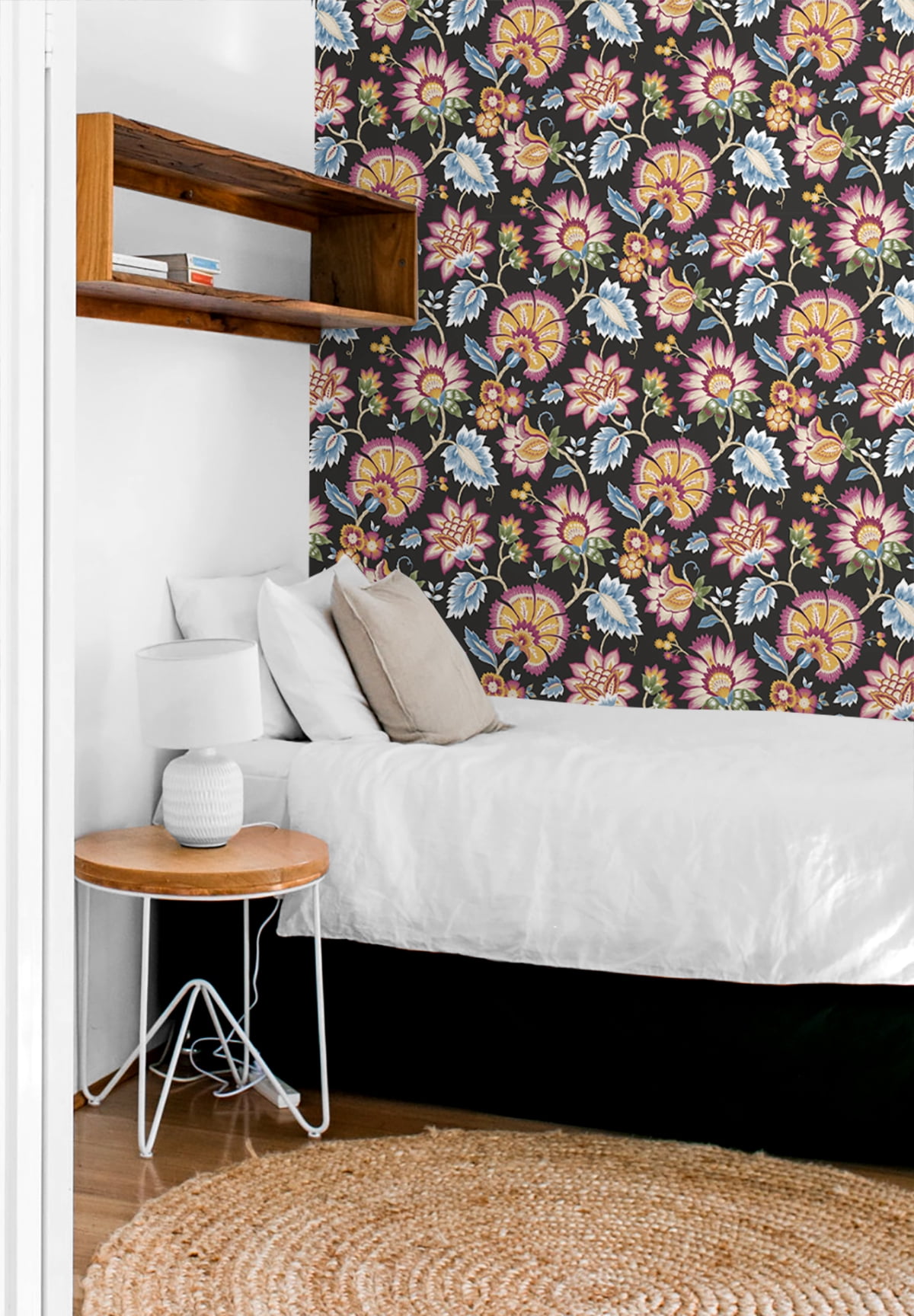 NextWall Cosmic Black Jacobean Blossom Floral Peel and Stick Wallpaper