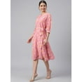 thumbnail image 4 of Janasya Pink Georgette Floral Print Casual A-line Cuffed Sleeves Round Neck Loose Midi Dress With Belt, 4 of 7