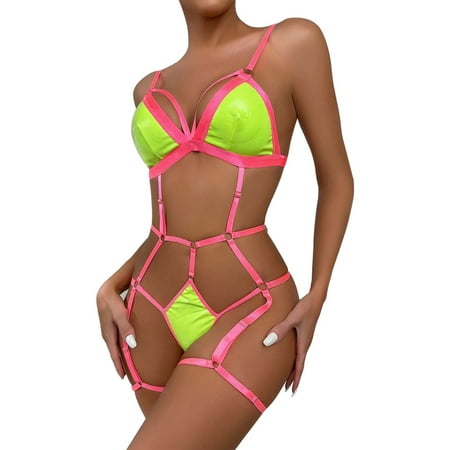 

Women Fashion Two Color Splicing Strap Hollow Out Jumpsuit Underwear Set Gathered Shoulder Straps Bra Underwear Set Underwear Bralette Chemise Nighty Lingerie