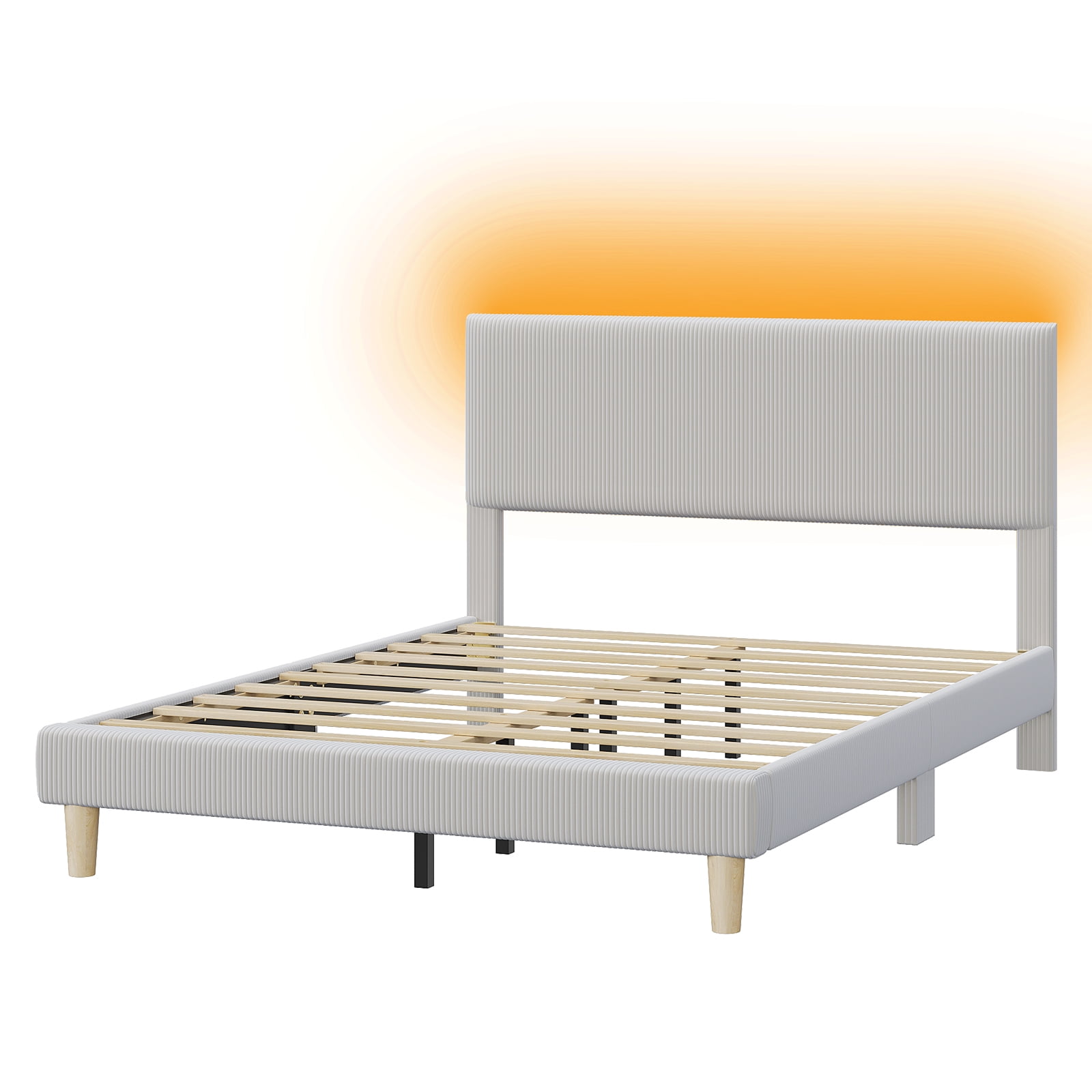 Bestier Corduroy Upholstered Queen Bed Frame with Adjustable Headboard, Platform Bed Frame with LED Light, Solid Wood Slats, No Box Spring Needed, Gray