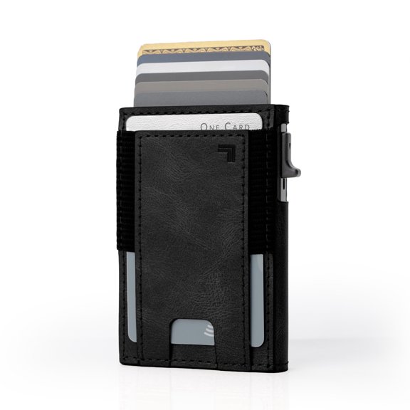 Sharper Image Slim Wallet for Men, Men’s Minimalist Leather Wallet, Pop-Up Card Case, RFID Blocking, Front Pocket, Elastic Cash Holder, Water Resistant, Fits 6 Credit Cards with 2 Pockets, Black