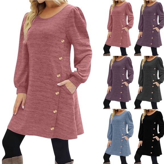 Tumotour A-Line Mini Dress for Women's Plus Size Long Sleeve Casual Round-Neck Buttoned Fall Tunic Dress With Pockets Going Out Dress