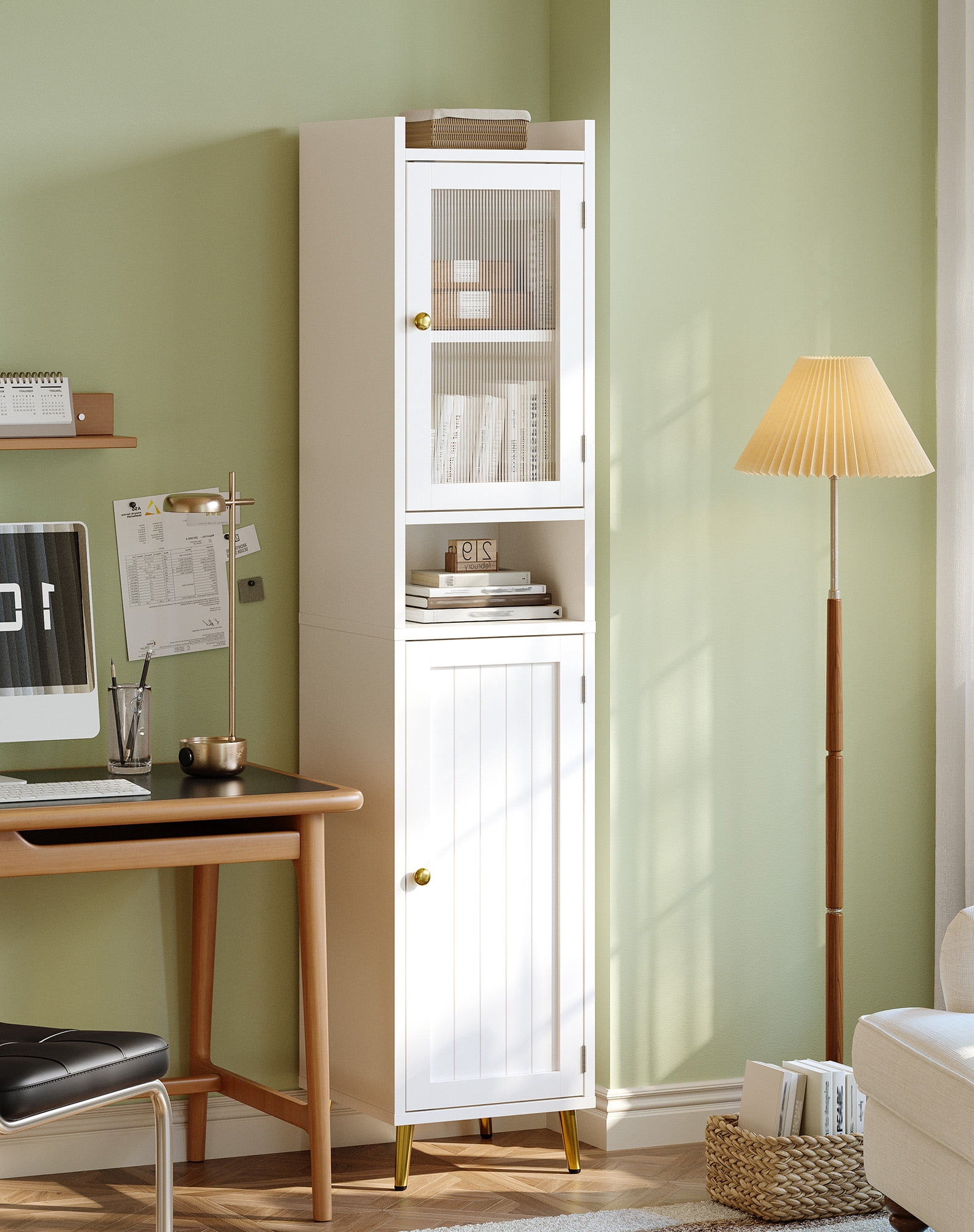 EnHomee 69" Tall Bathroom Storage Cabinet,Narrow Linen Cabinet with 2 Door and Adjustable Shelves​,White