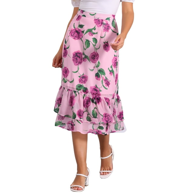 Faldas midi de gasa para mujeres Inspire Chic para el Día de la Madre, con cintura elástica, volantes y diseño floral en tonos rosa y púrpura.