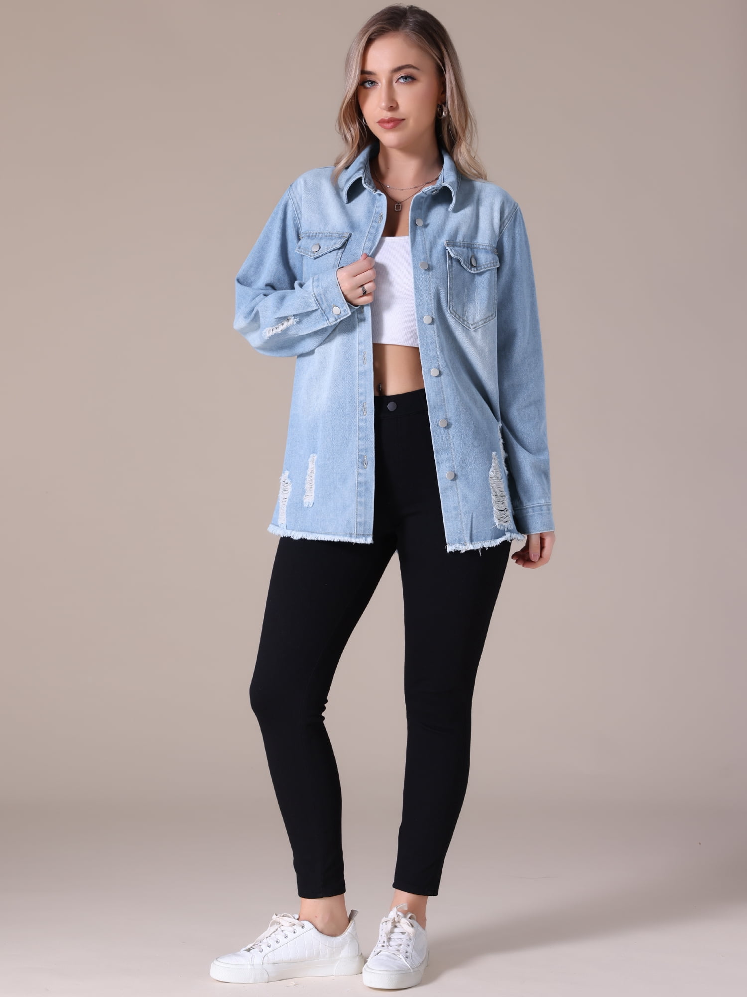 Unique Bargains Women's Frayed Hem Long Sleeve Lightweight Denim Jacket L Light Blue