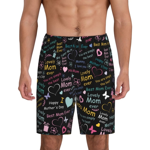 Balery I love you Mom Pantalones cortos de pijama de punto de algodón para hombre con cinturilla y bolsillos-Small
