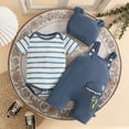thumbnail image 3 of WUANDIXFA 3Pcs Infant Baby Boy Outfit 3 6 12 18 Months Romper Bodysuit Pants with Hat Fall Clothes,Navy,0-3 Months, 3 of 7