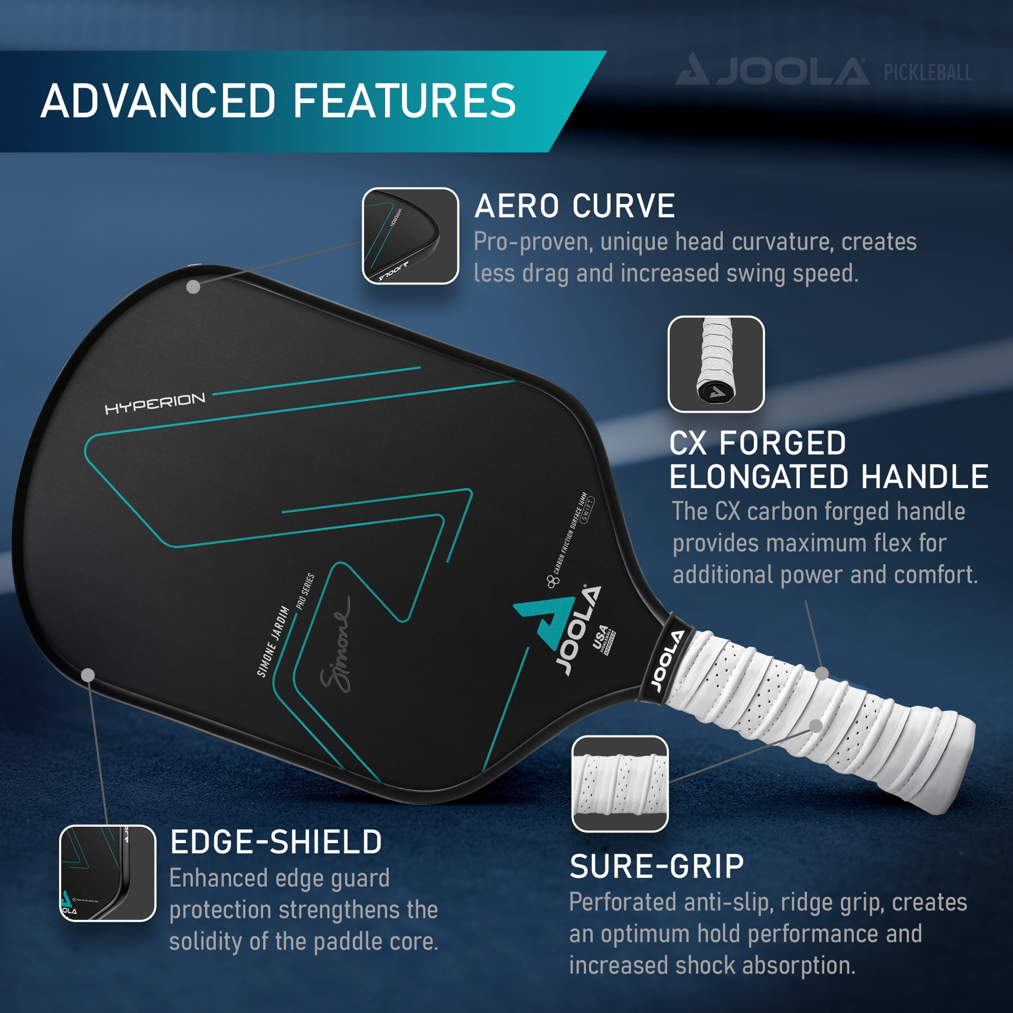 JOOLA Simone Jardim Hyperion CFS 16mm Swift Pickleball Paddle,  Carbon, Elongated , Black