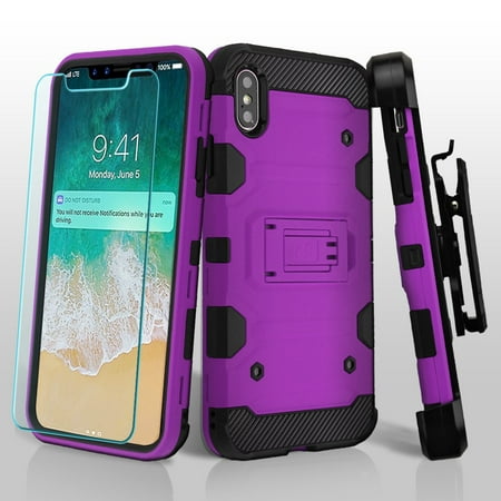 Military Grade Certified Storm Tank Hybrid Case + Holster + Tempered Glass Protector for iPhone XS Max - Purple