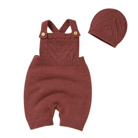 

Baby Knit Romper Cotton Sleeveless Boy Girl Sweater Clothes Solid Jumpsuit Outfits With Hat Caps Set